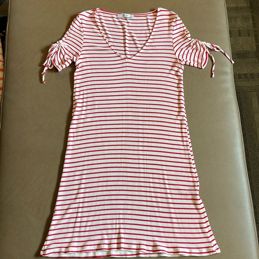 Red and white striped V neck dress